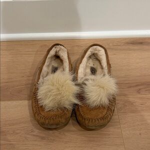 UGG Cozy Brown Moccasin Slippers with Fur Pom Poms